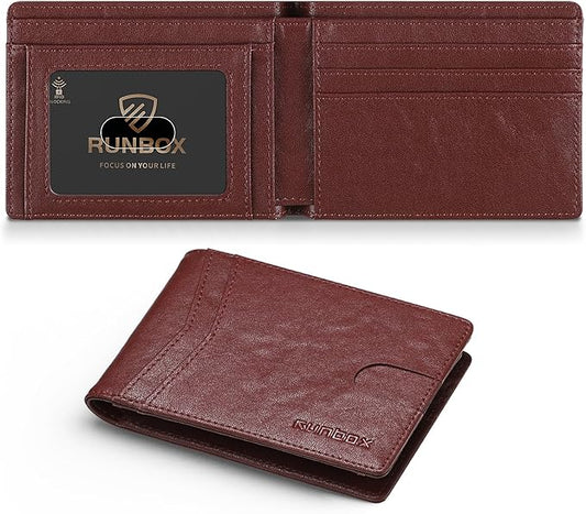 RUNBOX Wallet for Men Slim Leather Bifold RFID Blocking Minimalist Front Pocket Design with Gift Box