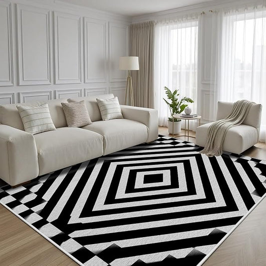 Black and White Rug 3x4, Checkered Soft Thin Indoor Floor Mats Carpet, Non-Slip Stain Resistant Washable Rugs, Modern Rhombus Geometric Rugs for Living Room, Farmhouse Rug