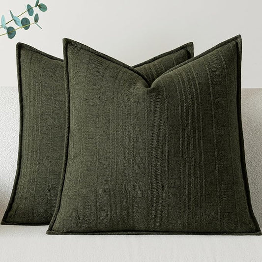 a moment Linen Pillow Covers Set of 2,Boho Farmhouse Throw Pillowcases Neutral Textured Decorative Covers for Couch Sofa,Linen Blend Accent Case Cushion Living Room Home Decor 24"x24"Dark Green