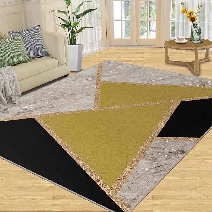 Geometric Marble Area Rugs for Living Room Black Gold Marble Rug Triangular Geometric Carpet Modern Minimalist Door Mat for Bedroom Hardwood Floors 4x6ft