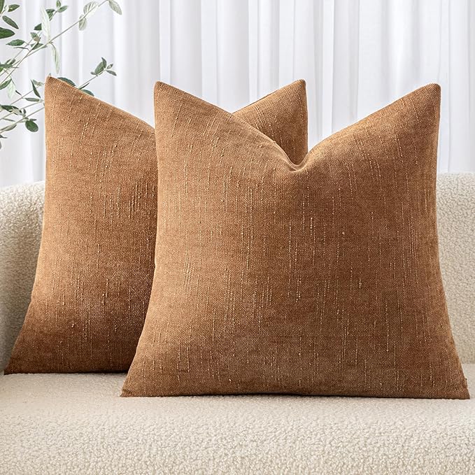MIULEE Pack of 2 Decorative Throw Pillow Covers Soft Chenille Throw Pillows Solid Textured Euro Cushion Covers for Couch Sofa Bedroom Living Room 22x22 Inch, Brown