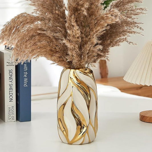 Cream White Ceramic Vase for Flowers, Gold Flower Vase Modern Home Decor, Small Ceramic Vase for Pampas Grass Decorative Vase, for Farmhouse Coffee Table Bookshelf (Large)