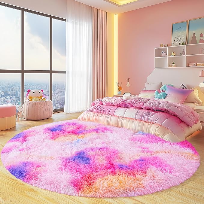 Round Fluffy Rugs 7Ft for Girls Bedroom, Dark Rainbow Shag Circle Kids Rug Non-Slip for Bedside Dorm Nursery Playroom, Soft Cute Area Rugs for Living Room Decor