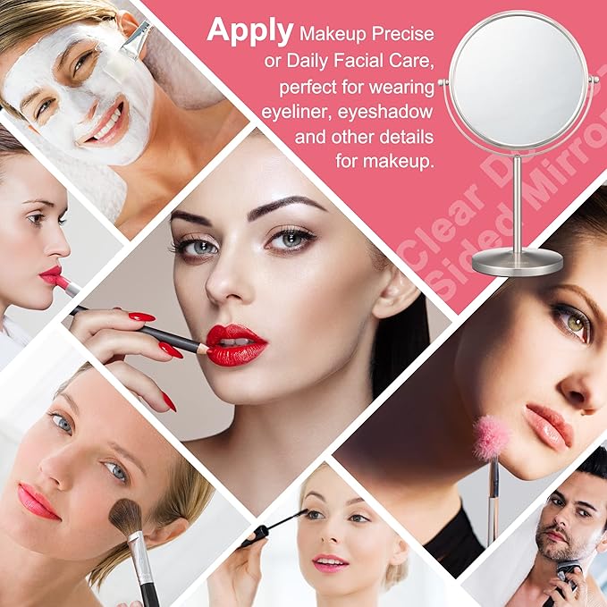 ALHAKIN 10x Magnifying Makeup Mirror, 8 Inch Tabletop Mirror with 1X/10X Magnification Double Sided, Standing Bathroom Makeup Mirror for Desk, Nickel
