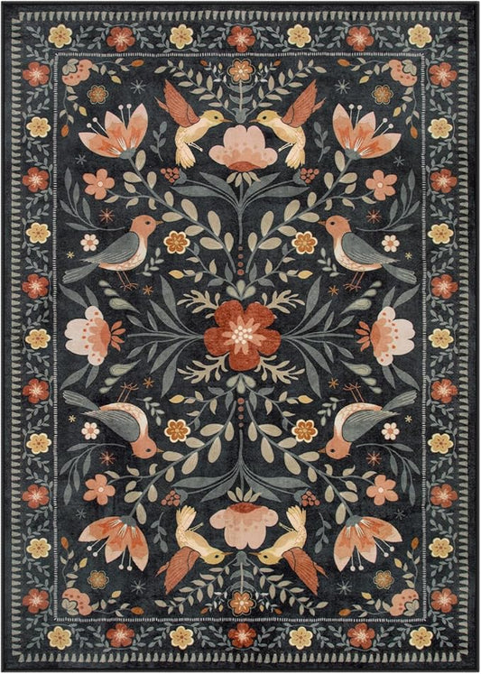 Moynesa Bedroom Rug 5x7, Washable Modern Transitional Black Area Rugs for Living Room Dining Room, Farmhouse Floral Bird Print Carpet, Folk Art Home Decor Open Floor Areas Non-Slip Protection