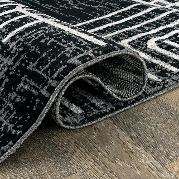Rugshop Black and White Geometric Area Rug – Abstract Curved Line and Square Pattern Carpet for Living Room, Bedroom, or Office – Contemporary Soft Floor Décor 7' 10" x 10' Black