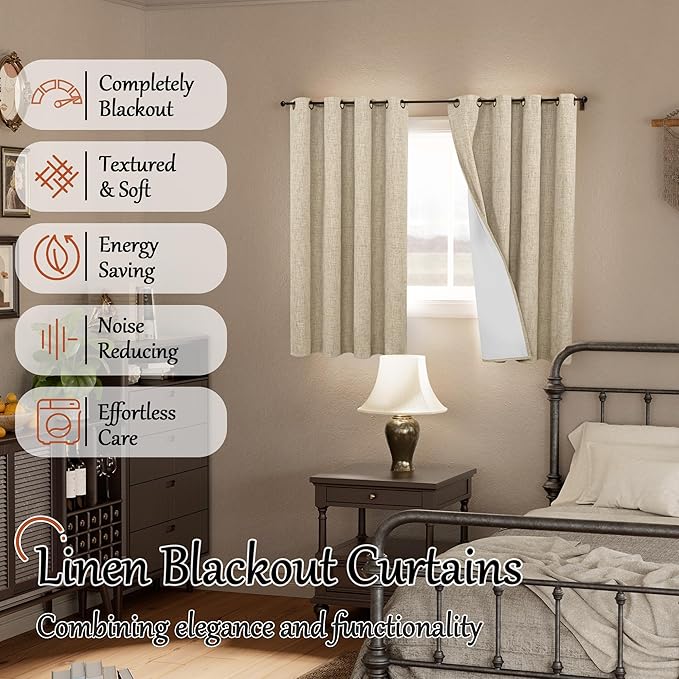Lajode Blackout Curtains 54 Inch Length 2 Panels for Bedroom, Thermal Insulated Total Light Blocking Noise Reducing Linen Window Curtains for Farmhouse, Bronze Grommet, Burlap, Each 52" Wide