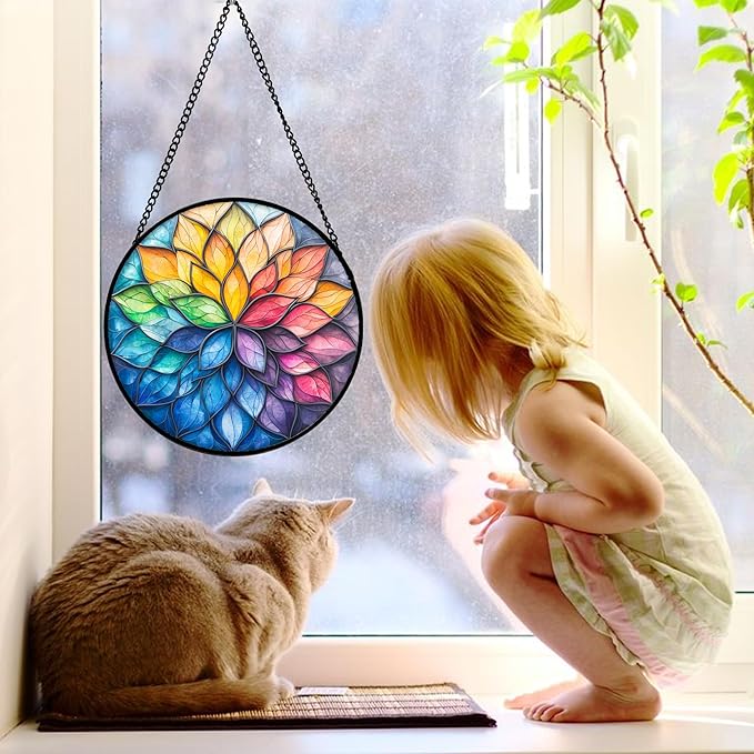 DASTOLL Stained Glass Window Hanging, Colorful Flower Petals Sun Catchers Diamond Glass Panel Hangings Suncatcher Decor for Birthday for Women, Men, Wife, Aunt, and Mom 11.8x11.8 in