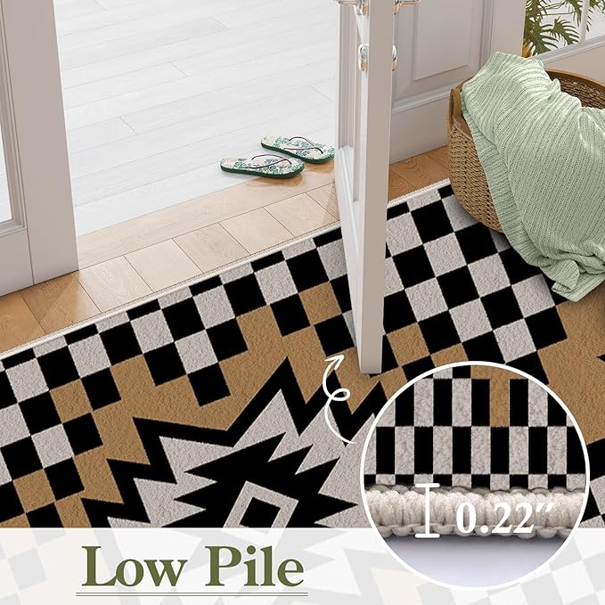 Western Aztec Long Hallway Rug Runners, 3.3x7ft, Modern Brown Diamond Check Area Carpet for Living Room, Easy Clean Fade Resistant Durable Foldable Pet Friendly Rugs for Front Door