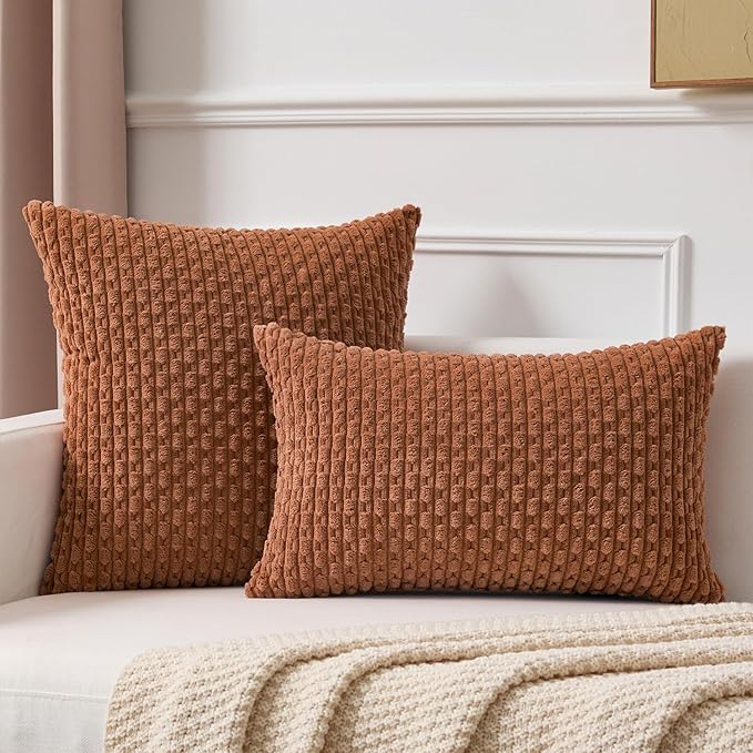 Kevin Textile Decorative Pillow Covers Set of 2 Striped Plush Corduroy Rectangle Lumbars Boho Home Decor Cushion Covers for Couch Sofa Bed Living Room 12x20 Inch, Burnt Orange