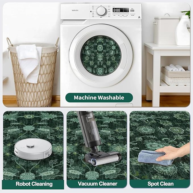 Tangsoo Green 2x5 Runner Rug Non Slip Washable for Kitchen Bathroom, Vintage Floral Boho Rug Runner for Hallway Entryway, Low Pile Carpet Door Mat Indoor Entrance for Bedroom Laundry Pet&Kids Friendly