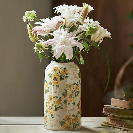 Vintage Pastoral Ceramic Vase, 10.6 inch Yellow and Beige Sunflower Floral Rustic Farmhouse Antique Retro Ice Cracked Chinoiserie Vases for Home Decor Living Room Tuscan Decor (Large)