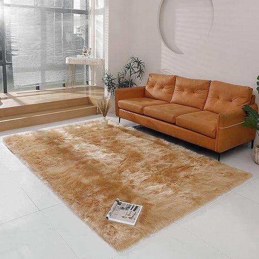 Faux Fur Rug Sheepskin Shag Fluffy Fuzzy 6x9 ft Beige Rugs for Bedroom Bedside Bed Floor Living Room Plush Rectangle High-Density Cushion Carpet Super Sofa Cover