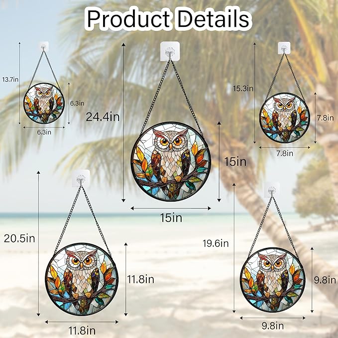 DASTOLL Stained Glass Window Hanging, Owl Colorful Leaves Birds Sun Catchers Diamond Glass Panel Hangings Suncatcher Decor for Birthday for Women, Men, Wife, Aunt, and Mom 9.8 in
