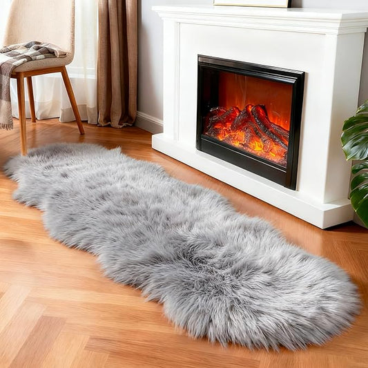 Faux Fur Rug Sheepskin Shag Fluffy Fuzzy Grey 2x6 ft Runner Rugs for Bedroom Bedside Bed Floor Living Room Plush High-Density Cushion Carpet Super Sofa Cover