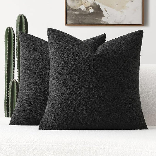 FUTEI Pack of 2 Black Decorative Throw Pillow Covers 20x20 Inch Soft Cozy Solid Boucle Textured Cushion Case,Modern Home Decor for Couch Bed Living Room