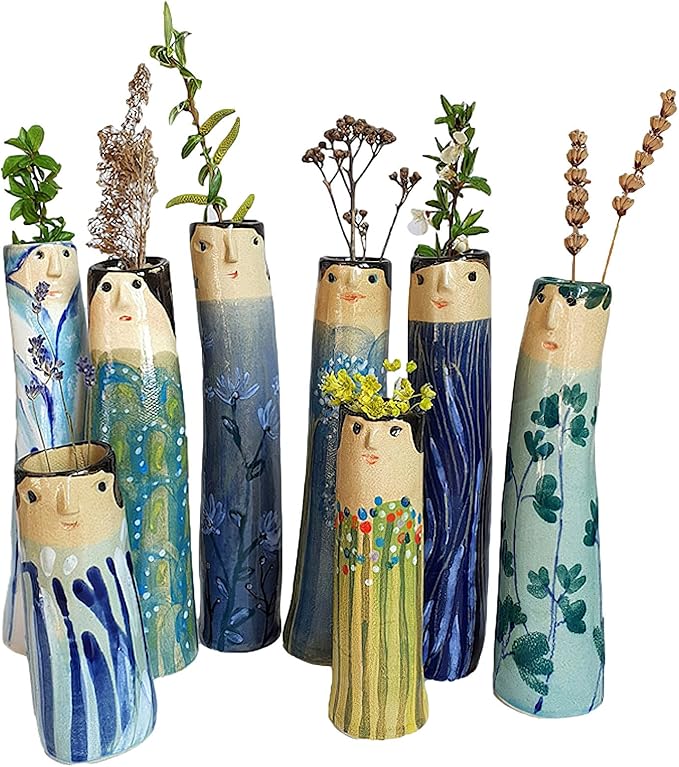 Spring Bud Vases, Bohemian Family Face Vase Boho Cute Home Decor, Character Vase Flower Plant Holder Bathroom Shelf Decor for House Decor Living Room Wedding Centerpieces (F)