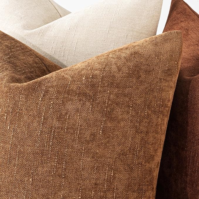 MIULEE Pack of 2 Decorative Throw Pillow Covers Soft Chenille Throw Pillows Solid Textured Euro Cushion Covers for Couch Sofa Bedroom Living Room 24x24 Inch, Brown