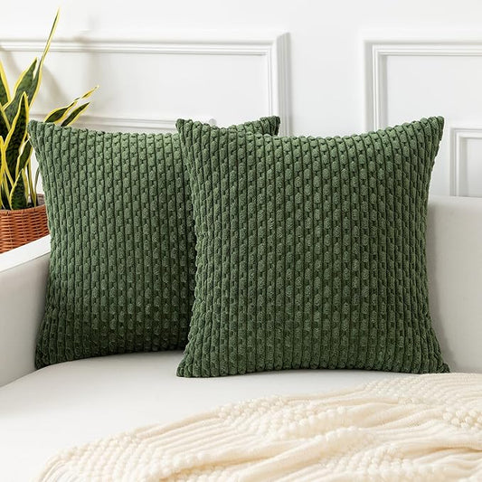 Kevin Textile Throw Pillow Covers Soft Corduroy Decorative Set of 2 Boho Striped Pillow Covers Pillowcases Farmhouse Home Decor for Couch Bed Sofa Living Room 20x20 Inch Moss Green