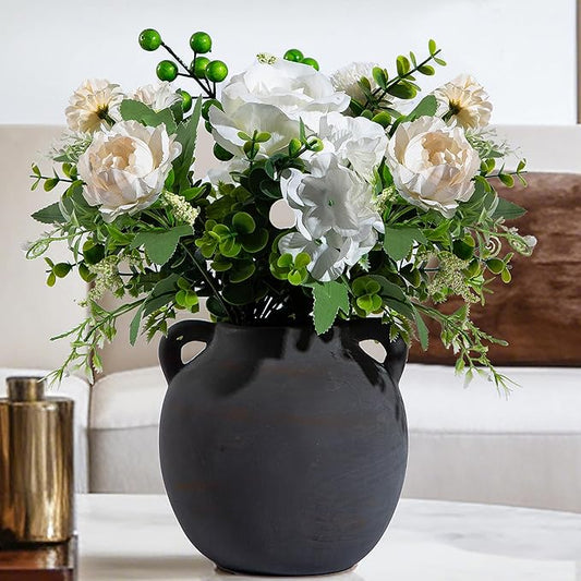 Black Vase Home Decor - 6in Ceramic Vase for Flowers - Small Round Vases for Decor - Farmhouse Vases for Pampas Grass, Decorative Vase for Bouquet, Lyeec Clay Pottery Rustic Terracotta Vase