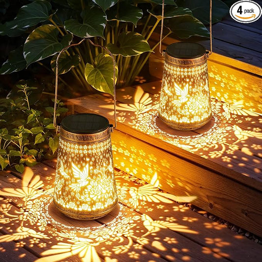 4 Pack Solar Lanterns Outdoor Waterproof Birthday Gifts for Women Mom Grandma, Hollowed-Out Metal Hummingbird Hanging Solar Lantern Lights Outdoor Decor, 2 Modes Lights Decor for Yard, Patio