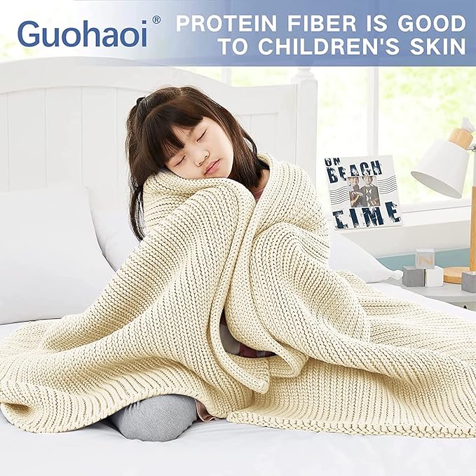 Guohaoi Knitted Weighted Blanket Kids (Cream 50"x60" 7lbs) No Beads Cooling Heavy Blanket, Home Decor Breathable Chunky Knit Throw Blanket for All-Season Use