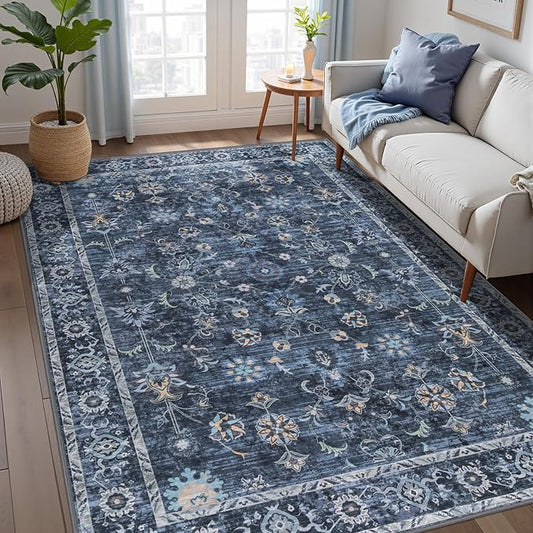 Tangsoo 4x6 Washable Area Rugs Non Slip, Boho Distressed Vintage Blue Floral Throw Rug for Bedroom Nursery, Soft Low Pile Floor Carpet Indoor Mat for Entrance Bedside Kitchen Office Farmhouse Bathroom