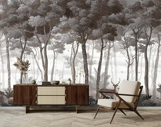 Vintage Forest Wall Mural Dark Trees Animals Wallpaper for Living Room Bedroom（Not Peel and Stick）