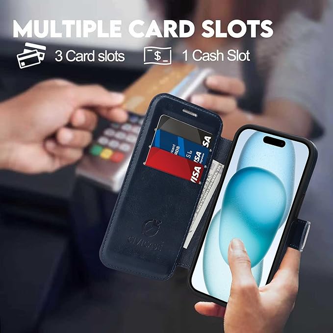 CIVICASE for iPhone 15 Wallet Case with Stand,PU Leather Flip Credit Card Holder Slots (RFID Blocking),Compatible with Magsafe Magnetic Holder Phone Cover Women Men, Blue