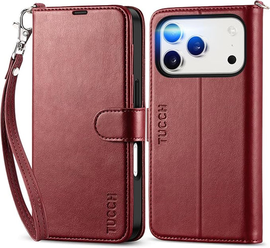 TUCCH Case Wallet for iPhone 17 Pro (6.3-Inch) 2025, Wrist Strap | Stand | RFID Blocking | 4 Card Holders | TPU Shockproof Inner Shell | PU Leather | Magnetic Folio Cover | Dark Red