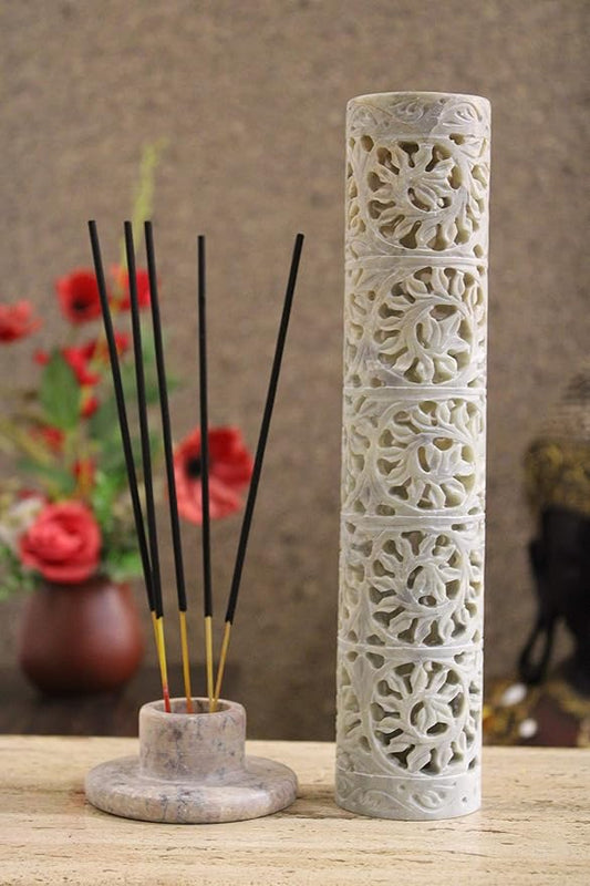 Carry Me Marble Soapstone Incense Stick Holder | Candle Burner | Tea Light Holder - Perfect Handmade Floral Carving for Gifting. Decorative Home and Office Decor.(3 x 3 x 11 Inches)