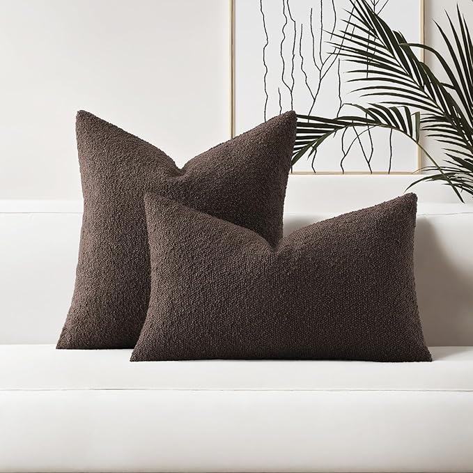 HAUSSY Set of 2 24x24 Decorative Throw Pillow Covers, Soft Cozy Textured Boucle Couch Cases, Home Decor for Couch Bed Living Room, Dark Coffee