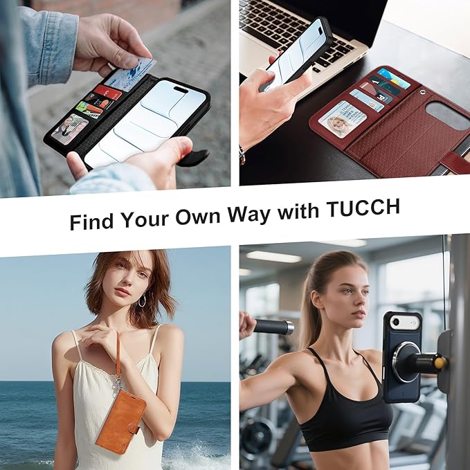 TUCCH 2-in-1 Detachable Wallet Case for iPhone Air (6.5") 2025, Wireless Charging | RFID Blocking 4 Card Holders | Wrist Strap | Kickstand | Magnetic | PU Leather | Protective Flip Cover | Black