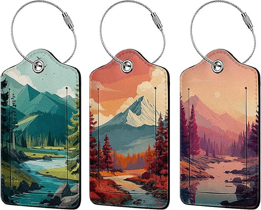Mountain Lake Landscape Luggage Tag 3 Pack Travel Cruise Luggage Tags for Suitcases, Identifiers Bag Tags with Privacy Flap, Baggage Name Tag for Women Men Luggage Backpack Handbag School Bag