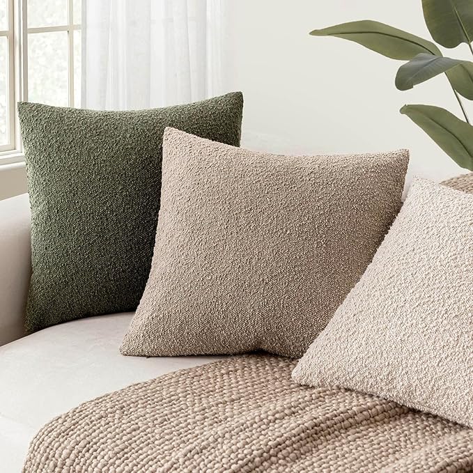 Foindtower Decorative Textured Boucle Throw Pillow Covers Accent Solid Pillow Cases Neutral Soft Cozy Couch Cushion Case for Chair Sofa Bedroom Living Room Home Decor 16x16 Inch,1PC,Light Khaki Tan