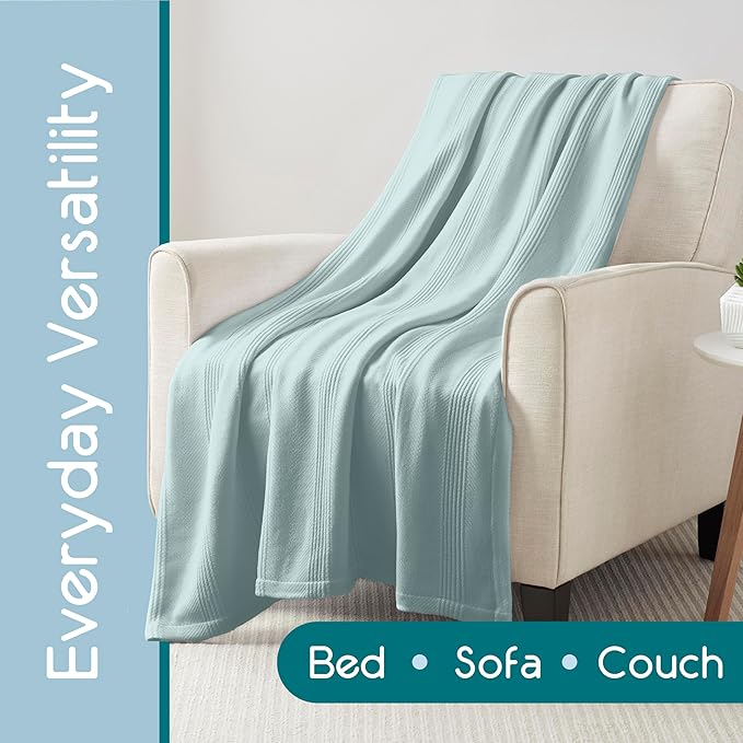King Size 100% Cotton Blanket | Super Soft Breathable Lightweight Throw | All-Season Knit Blanket | Luxury Hotel Style | Easy Care | Oeko-Tex Certified | Light Blue