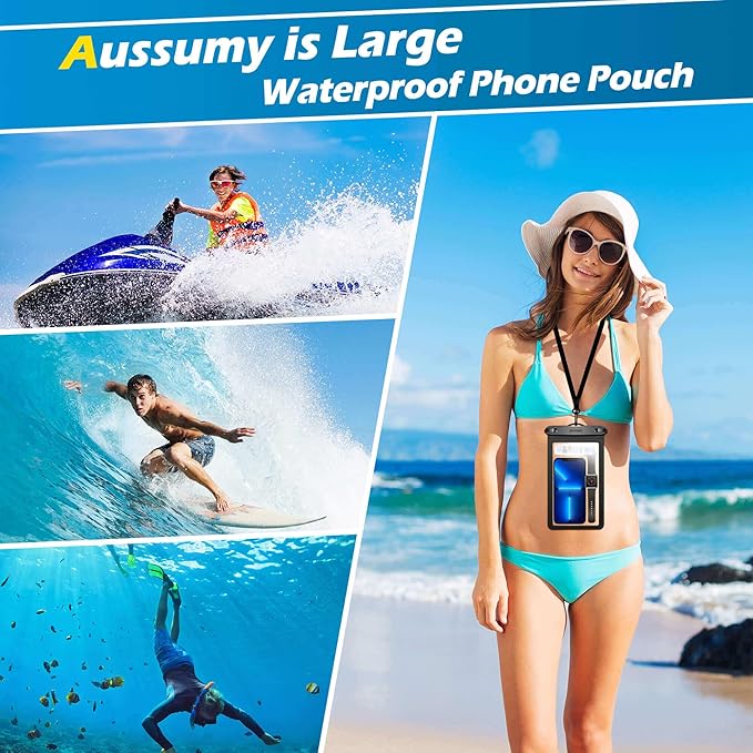 4 Pack 10.5“ Large Waterproof Phone Pouch - Underwater Clear Cell Holder - Universal Water Proof Dry Bag with Neck Lanyard for iPhone 17 Pro Max Samsung Galaxy with Heavy Case for Beach Swimming Pool
