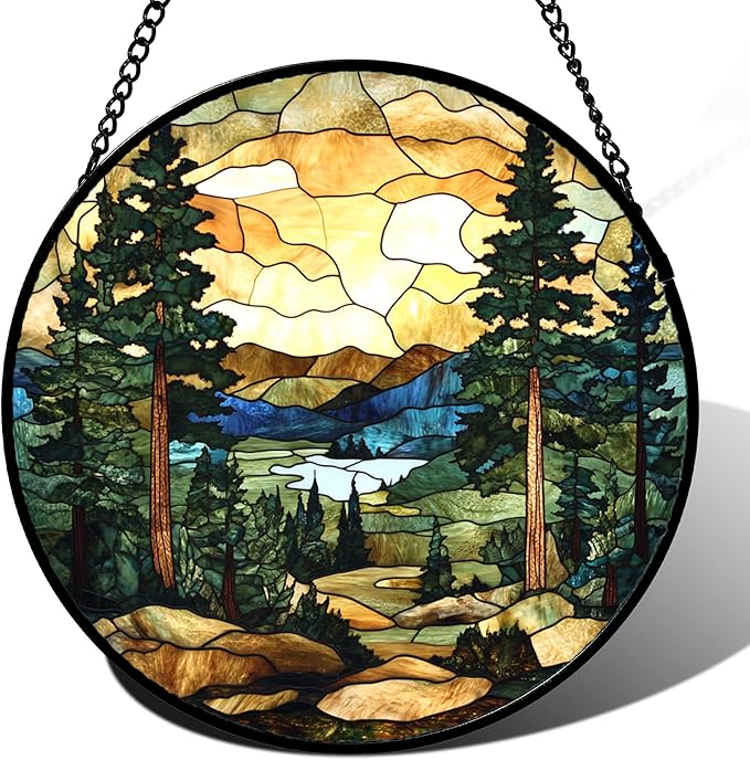 Stained Glass Window Hanging Forest Lake Mountain Sunset Large 11.8" - Suncatcher Door Garden Sunroom Sun Catcher Home Decor Birthday Christmas for Mom Men Woman Nana Friend