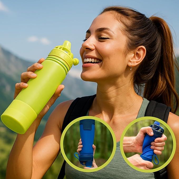 Collapsible Water Bottles Travel Water Bottle Silicone Water Bottle Foldable Lightweight Portable Leakproof & Reusable perfect for Gym Hiking Camping 500ml 17oz - BPA free -(green)