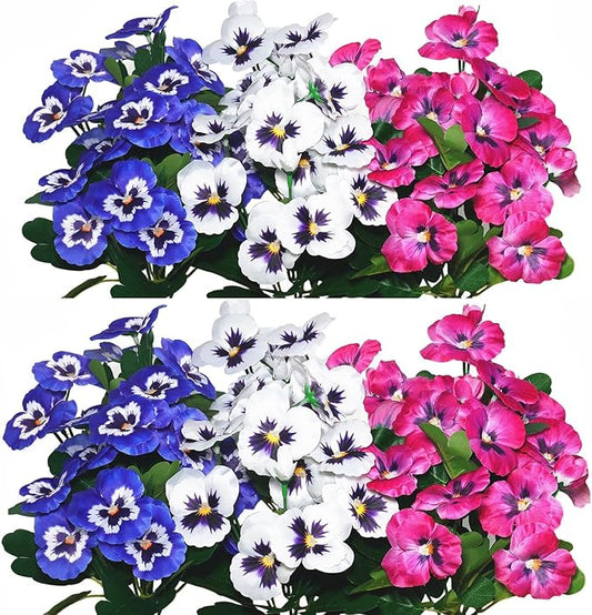 QIANYUN Fake Flowers-12in Pansy Small Wild Flower Daisy 6 Bundles Faux Plastic Purple Flowers for Home Wedding Kitchen Garden Table Centerpieces Indoor Outdoor Decor (Red White Blue)