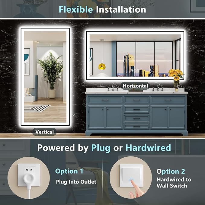 72x32 Black Framed LED Bathroom Mirror with Lights, Backlit and Front Lit, Anti-Fog Lighted Vanity Mirrors for Bathroom Wall, Dimmable, 3-Color Light, Memory, Shatter-Proof, HD Tempered Glass