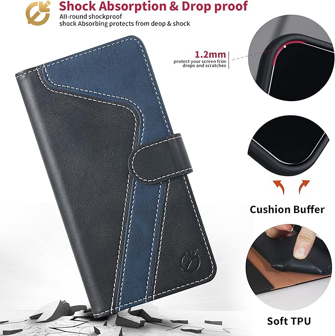 CIVICASE for iPhone 14 Pro Wallet Case,Leather Flip Case [RFID Blocking] Credit Card Holder Folio Magnetic Stand TPU Shockproof Cover Color Matching for iPhone 14 Pro (6.1") Black Blue