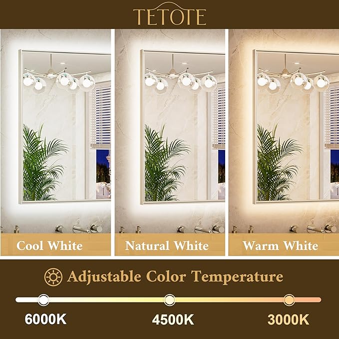 TETOTE 60 x 40 Backlit Bathroom Mirror Brushed Nickel Metal Frame LED Light Vanity 3-Color White/Warm/Natural Stepless Dimmable Anti-Fog Backlight Mirror Wall-Mounted