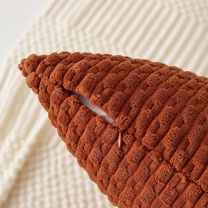 Kevin Textile Fall Throw Pillow Covers Soft Corduroy Decorative Set of 2 Boho Striped Pillow Covers Pillowcases Farmhouse Home Decor for Couch Bed Sofa Living Room 18x18 Inch Rust Brown