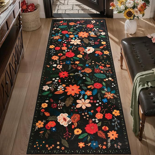 Tangsoo Runner Rug for Hallways Kitchen Rug, Non Slip 2x6 Washable Boho Floral Rug Runner for Entryway, Low Pile Carpet Door Mat Indoor Entrance for Kids Room Bedroom Laundry Office Bathroom(Black)