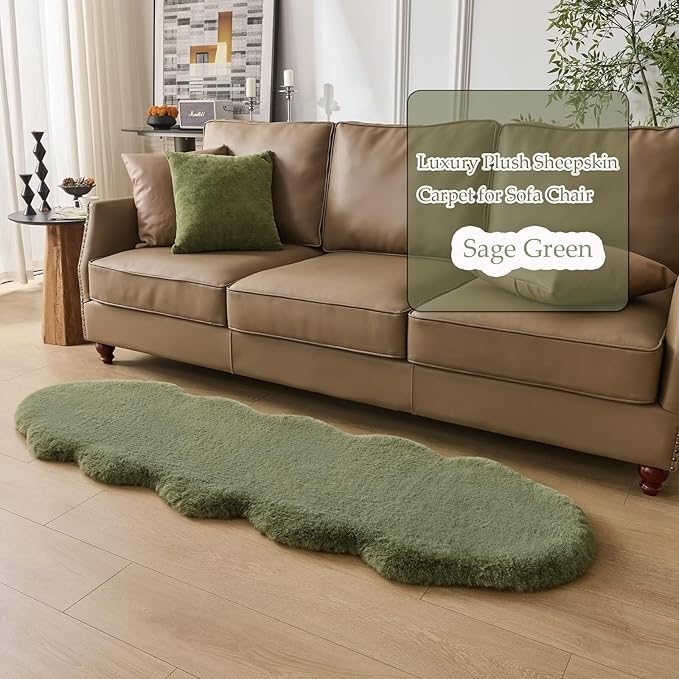 1700GSM Fuzzy Faux Sheepskin Fur Area Rug,Extra Soft Faux Fur Mat,Fluffy Shaggy Fur Rug for Bedroom Living Bedside Rug Room Decor-Sage Green, 2 x6 ft