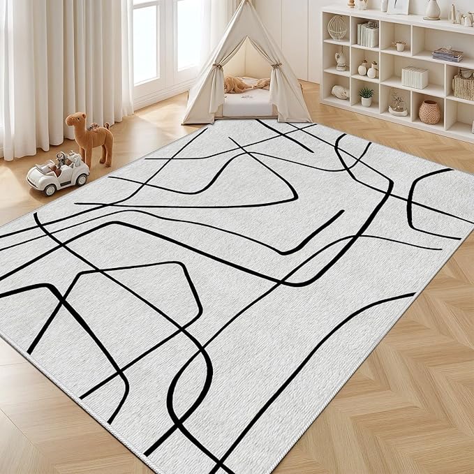 Black and White Rug - Abstract Area Rug, Black and White Rugs for Living Room, Modern Door Mat, Minimalist Washable Rugs, Contemporary Carpet Non Slip Home Decor, Curve 2x3