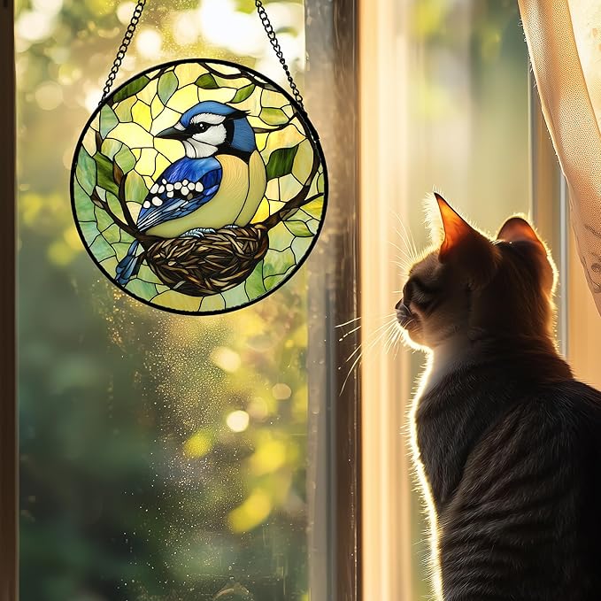 DASTOLL Stained Glass Window Hanging 4 Pcs Set Bird Theme On Branch Large 11.8" - Cardinal Suncatcher Door Garden Sun Catcher Decor Birthday Christmas for Mom Woman Nana Men