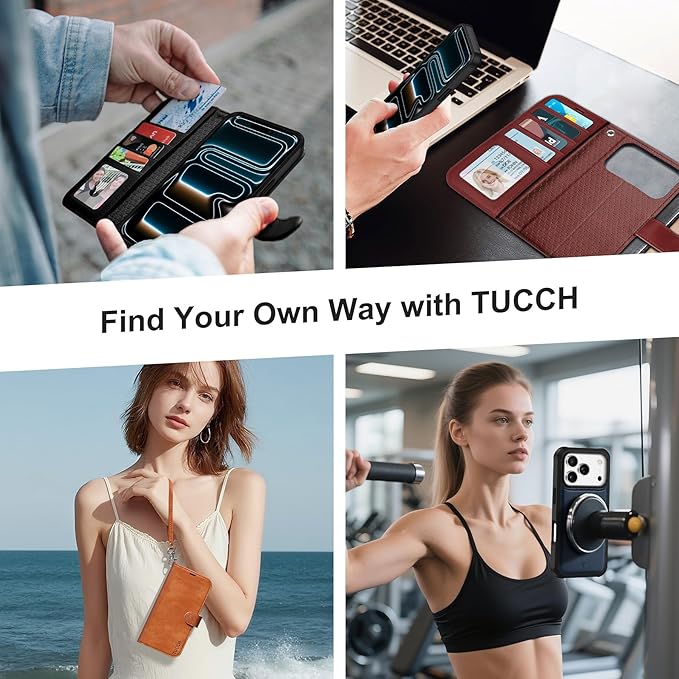 TUCCH 2-in-1 Removable Wallet Case for iPhone 17 Pro (6.3-inch) 2025, Wireless Charging | RFID Blocking 4 Card Holder | Wrist Strap | Kickstand | Magnetic | PU Leather | Protective Cover | Dark Green