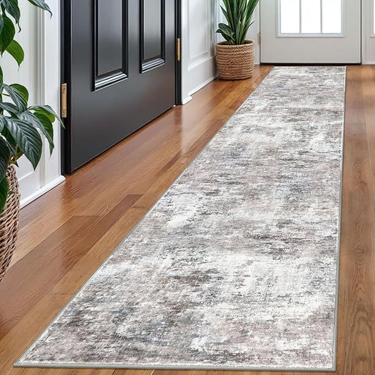 Modern Abstract Runner Rug 2x10, Beige Grey Neutral Washable Long Kitchen Runner Non-Slip Soft Hallway Rug Runner Thin Print Faux Wool Carpet for Entryway Bedroom Laundry Room Indoor